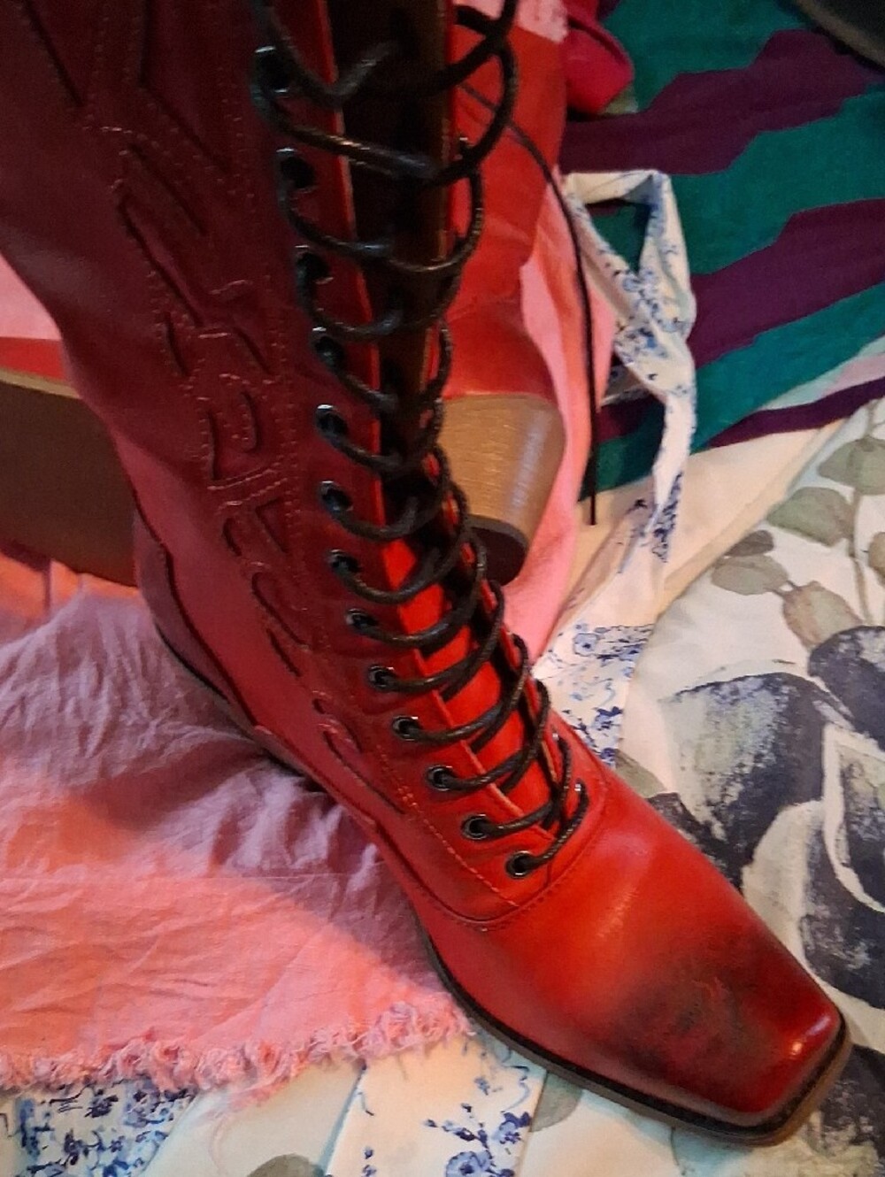 Women’s Red Lace-Up Western Boots - Picture 2 of 4